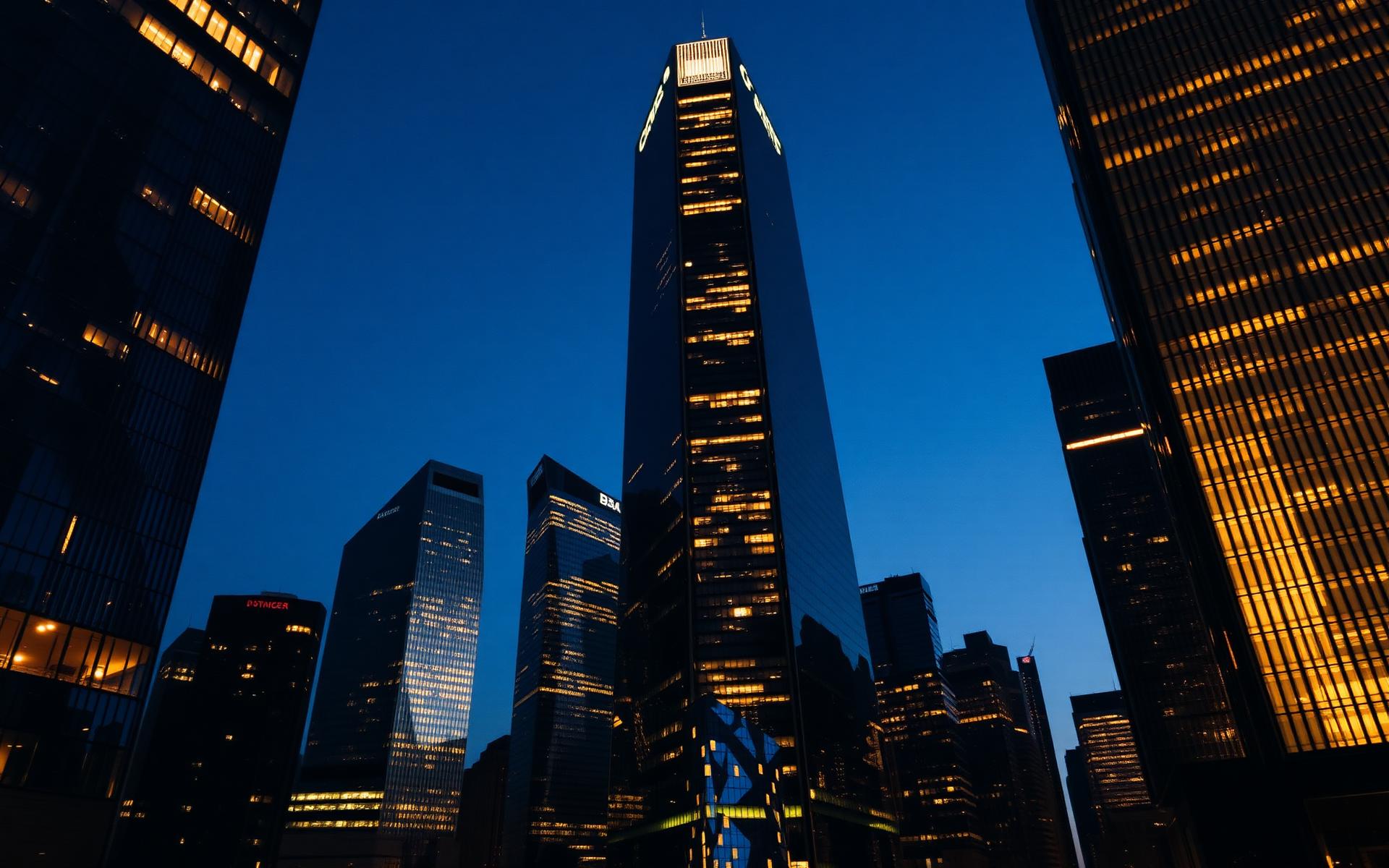 International financial district skyline at blue hour